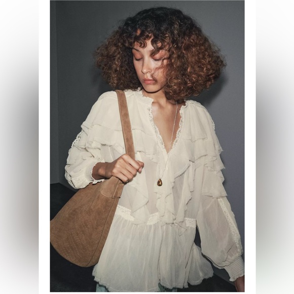 ZARA ZW COLLECTION LACE RUFFLE BLOUSE - Picture 3 of 10